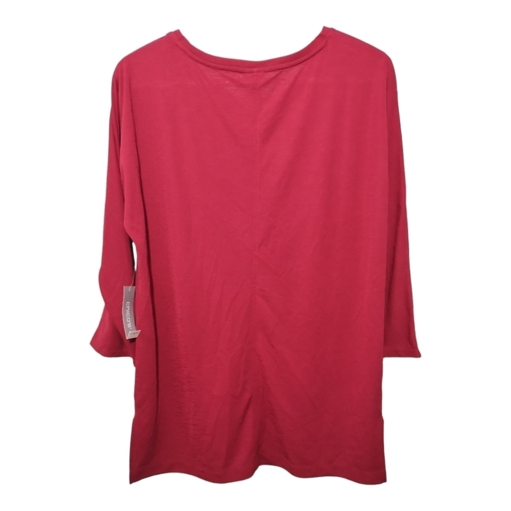 Chicos Deep Cherry Mesh Hem Knit 3/4 Sleeve Semi Sheer Tunic Top Sz 1 or M - Picture 3 of 7